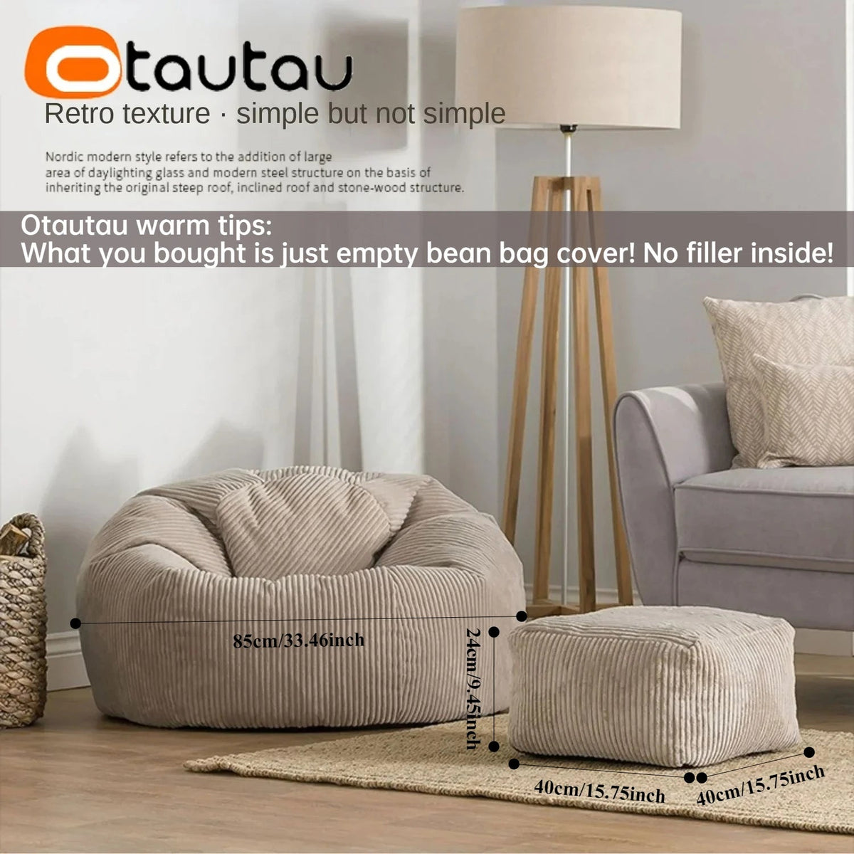 OTAUTAU Corduroy Bean Bag Pouf Cover Without Filler Lazy Floor Beanbag Chair Sac Puff Ottoman Lounger Frameless Furniture DD025 - PatioLix