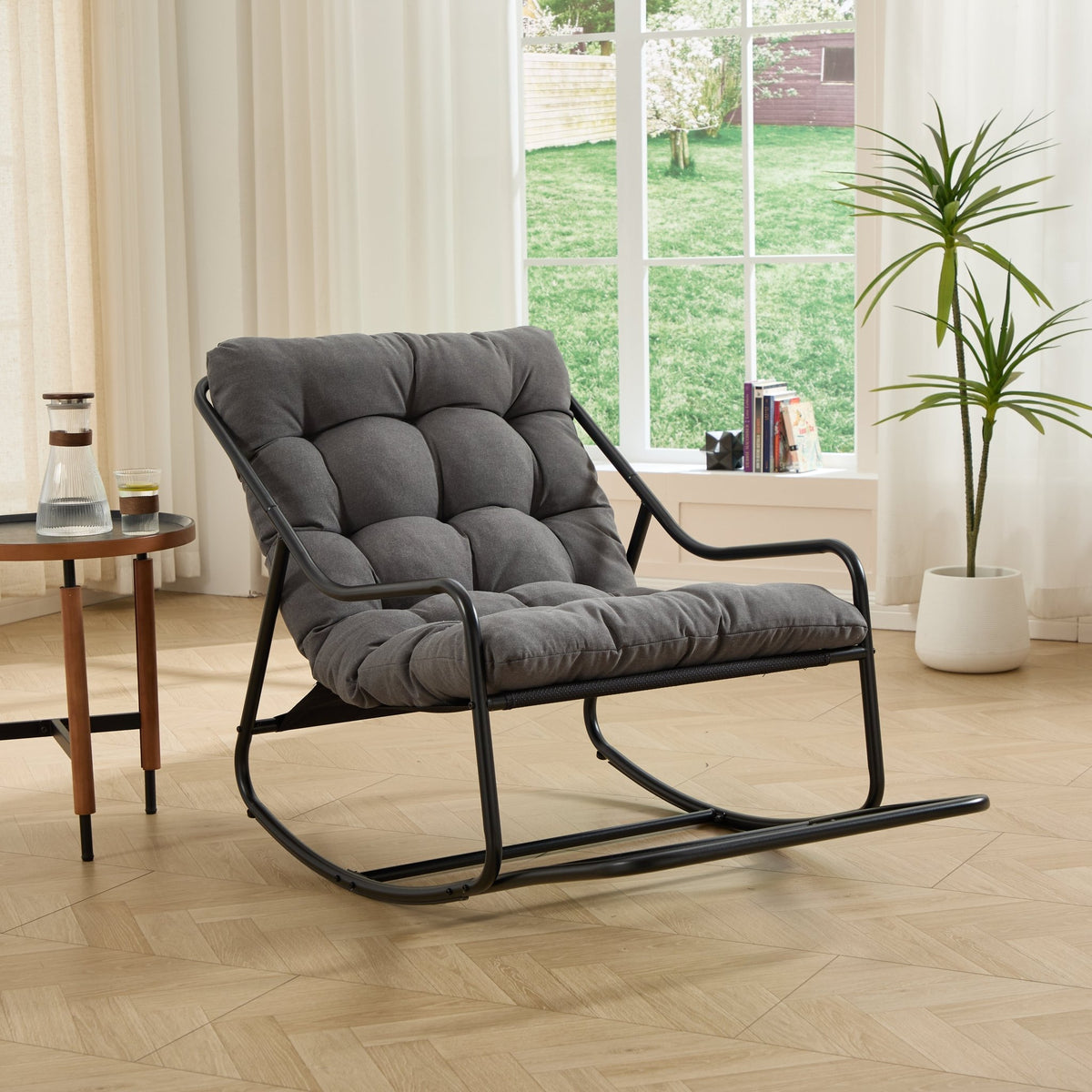 Outdoor Rocking Chair, Comfy Cushion, With Soft Thick Cushion,for Living Room,Bedroom,Reading Room,Black Frame With Grey Cushion - PatioLix