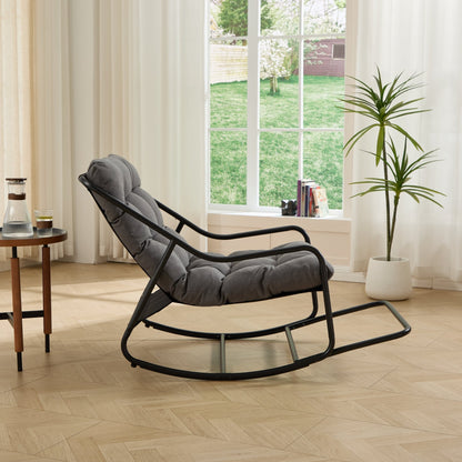 Outdoor Rocking Chair, Comfy Cushion, With Soft Thick Cushion,for Living Room,Bedroom,Reading Room,Black Frame With Grey Cushion - PatioLix