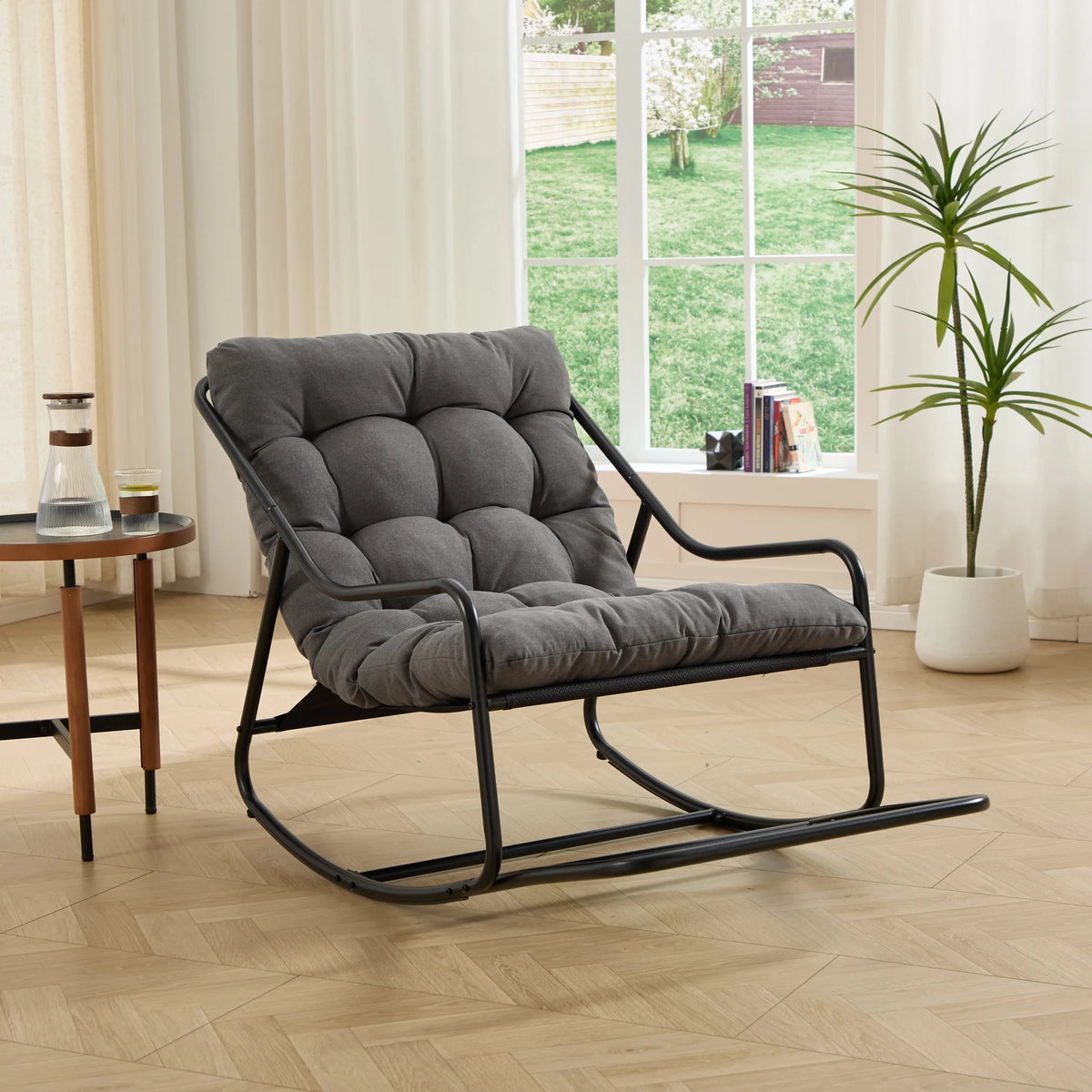 Outdoor Rocking Chair, Comfy Cushion, With Soft Thick Cushion,for Living Room,Bedroom,Reading Room,Black Frame With Grey Cushion - PatioLix