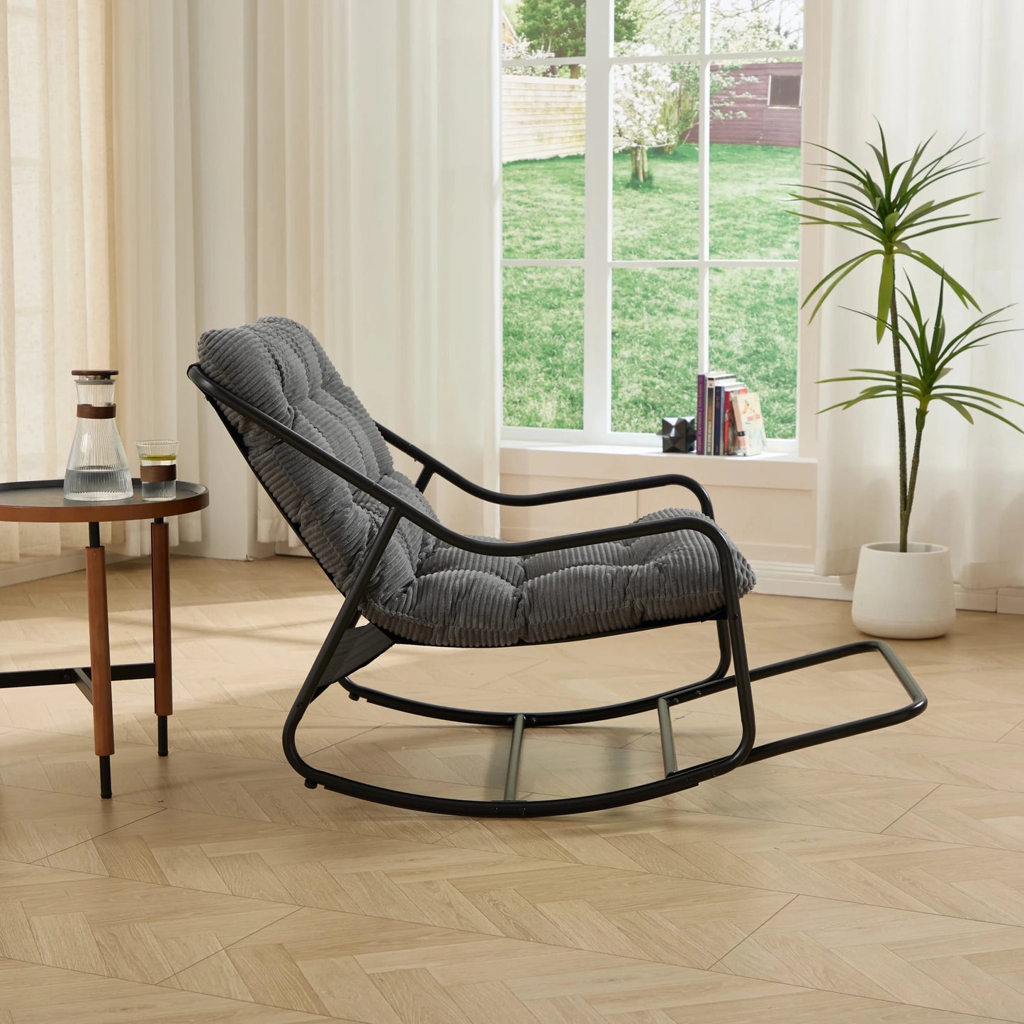 Outdoor Rocking Chair, Comfy Cushion, With Soft Thick Cushion,for Living Room,Bedroom,Reading Room,Black Frame With Grey Cushion - PatioLix