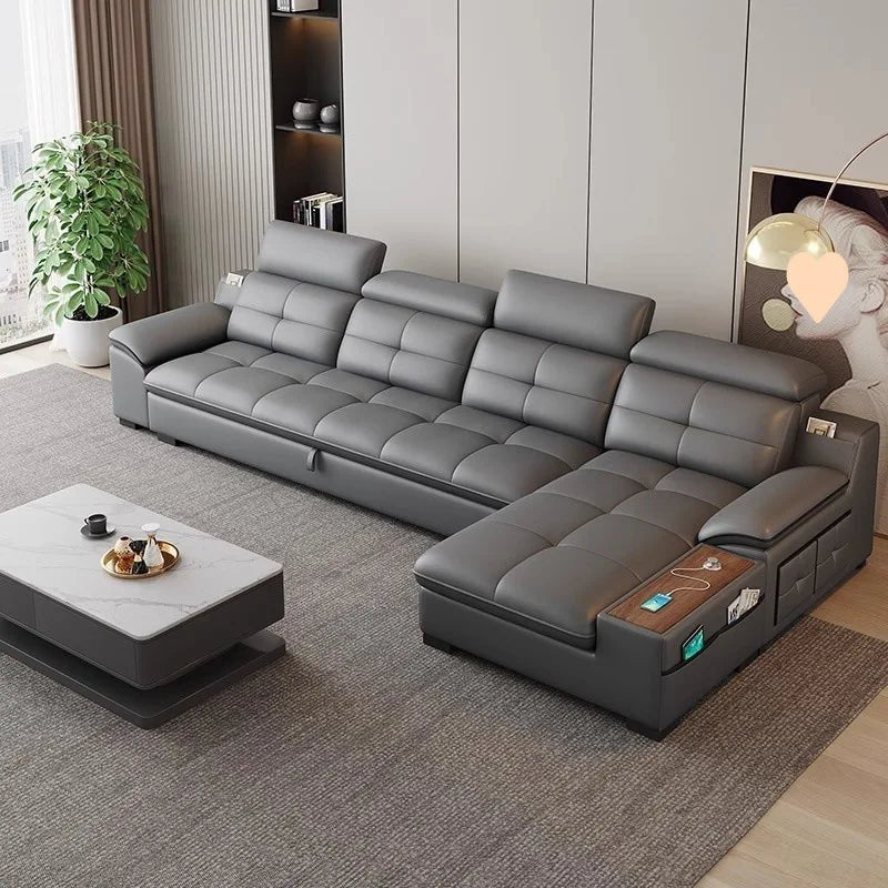 Premium Leather sofa electric adjustment modern living room storage princess first layer cowhide sofa bed - PatioLix