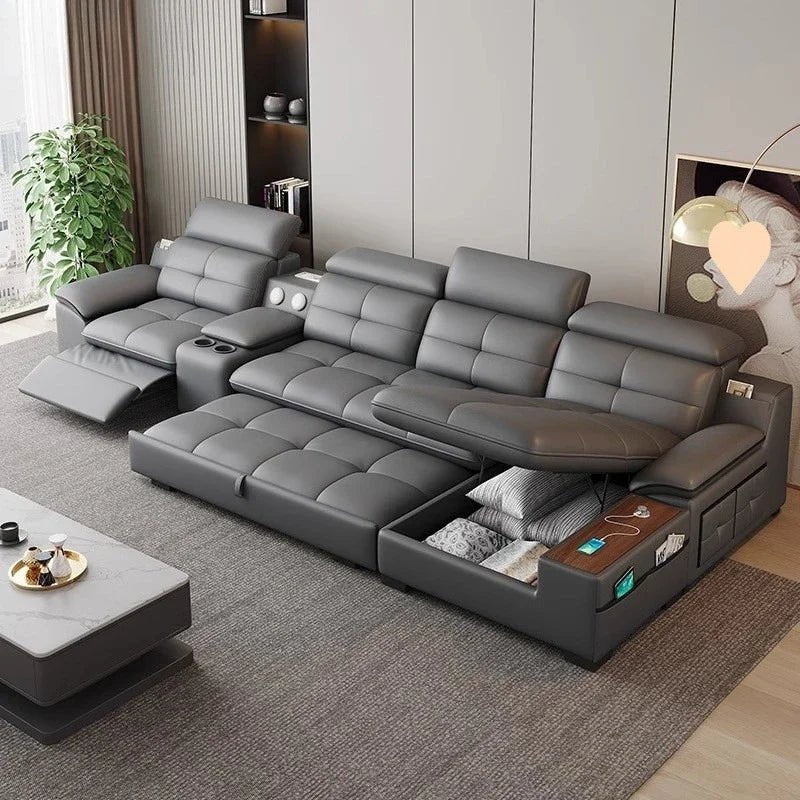 Premium Leather sofa electric adjustment modern living room storage princess first layer cowhide sofa bed - PatioLix