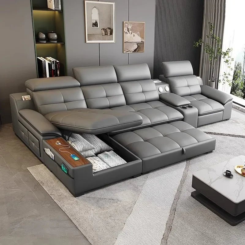Premium Leather sofa electric adjustment modern living room storage princess first layer cowhide sofa bed - PatioLix