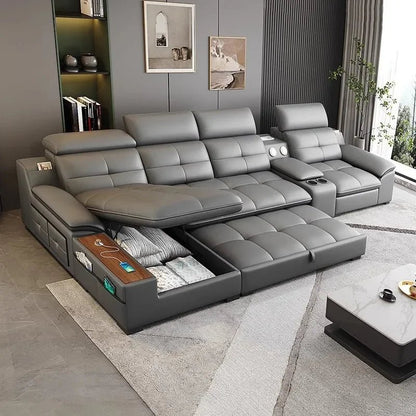 Premium Leather sofa electric adjustment modern living room storage princess first layer cowhide sofa bed - PatioLix