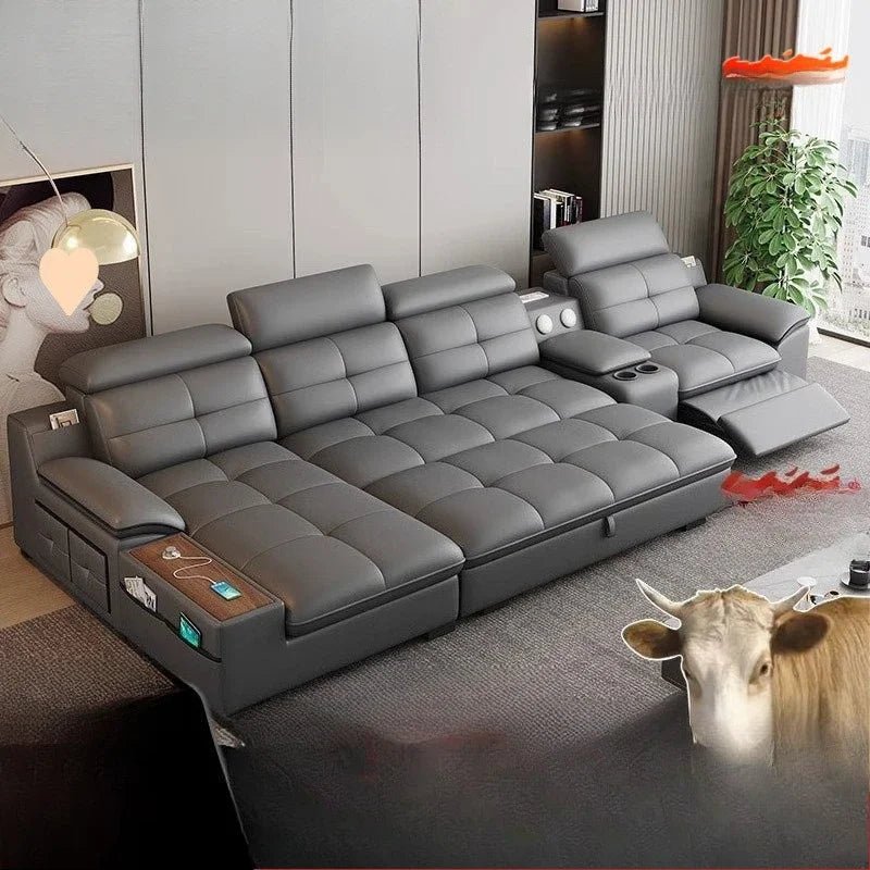 Premium Leather sofa electric adjustment modern living room storage princess first layer cowhide sofa bed - PatioLix