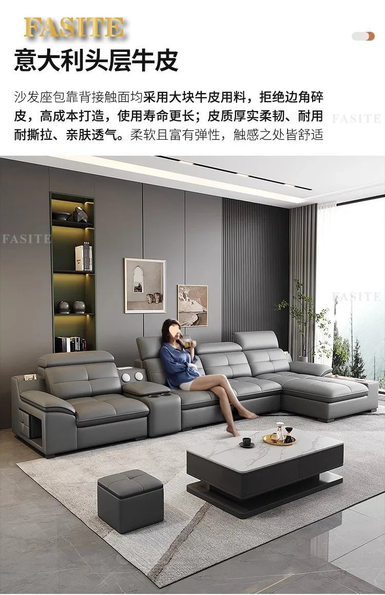 Premium Leather sofa electric adjustment modern living room storage princess first layer cowhide sofa bed - PatioLix