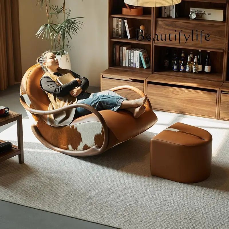 Recliner Leather Leisure Balcony Sillon Furniture Home Minimalist Black Walnut Chair Armrest Rocking Italian Living Room Sofa - PatioLix