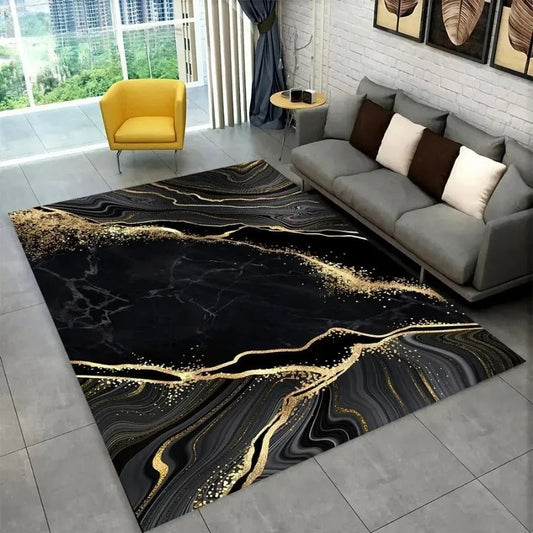 Sophisticated Nordic Blue and Gold Marble Floor Mat Geometric Carpet for Living Room or Bedroom Non - Slip Rug for Sofa Doormat - PatioLix