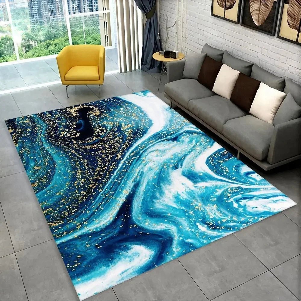 Sophisticated Nordic Blue and Gold Marble Floor Mat Geometric Carpet for Living Room or Bedroom Non - Slip Rug for Sofa Doormat - PatioLix