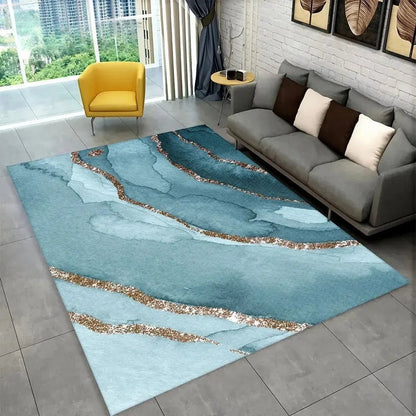 Sophisticated Nordic Blue and Gold Marble Floor Mat Geometric Carpet for Living Room or Bedroom Non - Slip Rug for Sofa Doormat - PatioLix