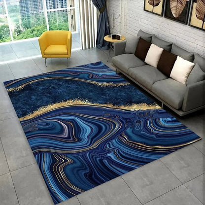 Sophisticated Nordic Blue and Gold Marble Floor Mat Geometric Carpet for Living Room or Bedroom Non - Slip Rug for Sofa Doormat - PatioLix