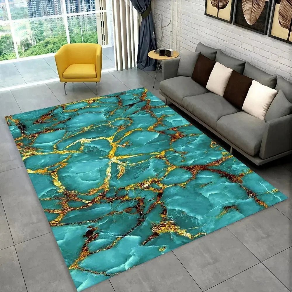 Sophisticated Nordic Blue and Gold Marble Floor Mat Geometric Carpet for Living Room or Bedroom Non - Slip Rug for Sofa Doormat - PatioLix