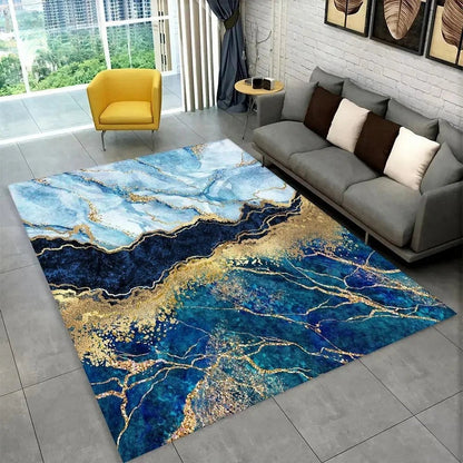 Sophisticated Nordic Blue and Gold Marble Floor Mat Geometric Carpet for Living Room or Bedroom Non - Slip Rug for Sofa Doormat - PatioLix