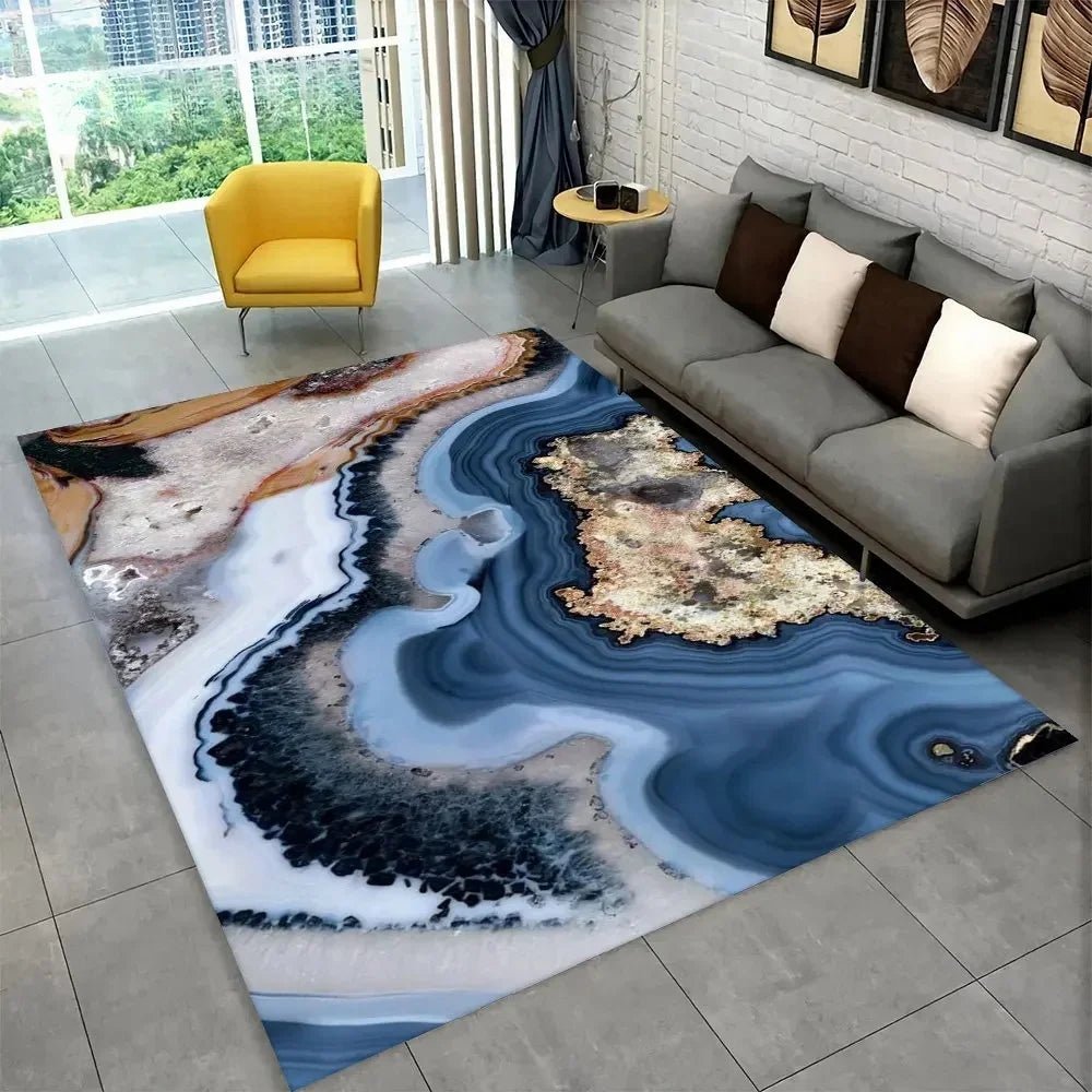 Sophisticated Nordic Blue and Gold Marble Floor Mat Geometric Carpet for Living Room or Bedroom Non - Slip Rug for Sofa Doormat - PatioLix