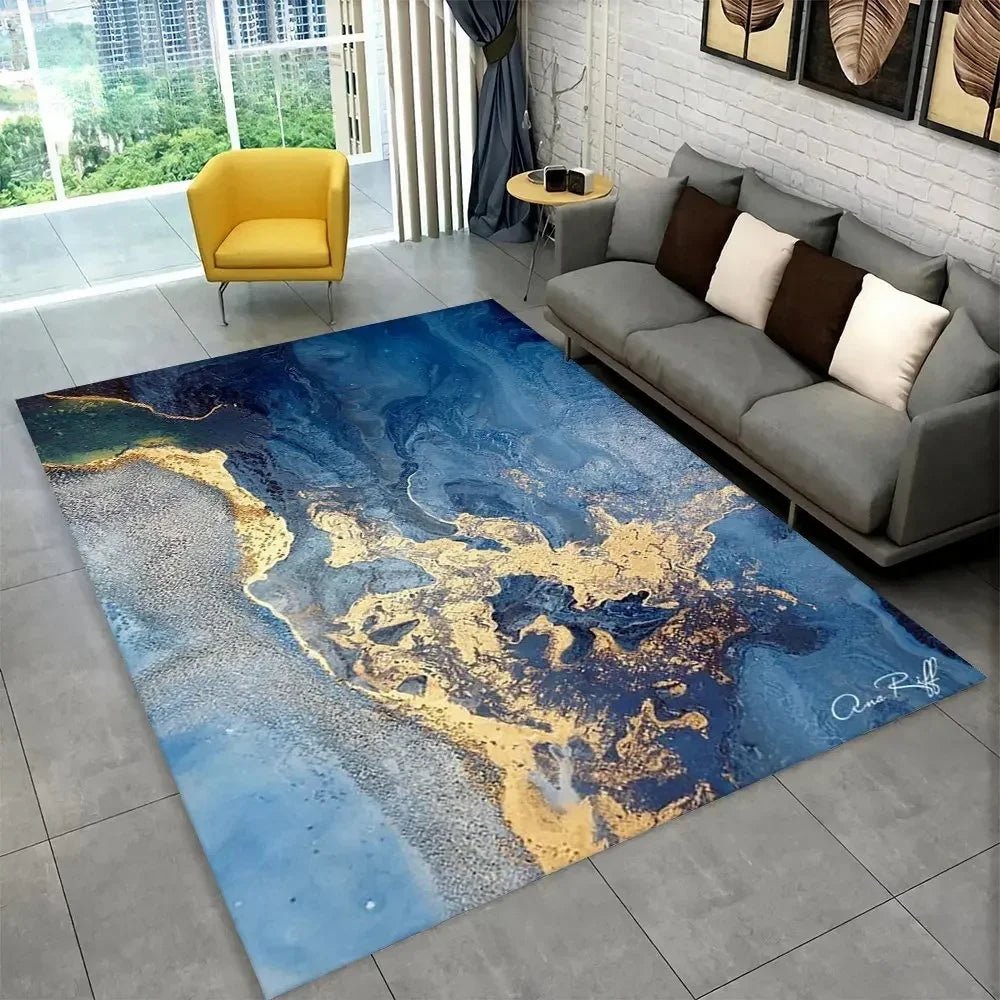 Sophisticated Nordic Blue and Gold Marble Floor Mat Geometric Carpet for Living Room or Bedroom Non - Slip Rug for Sofa Doormat - PatioLix