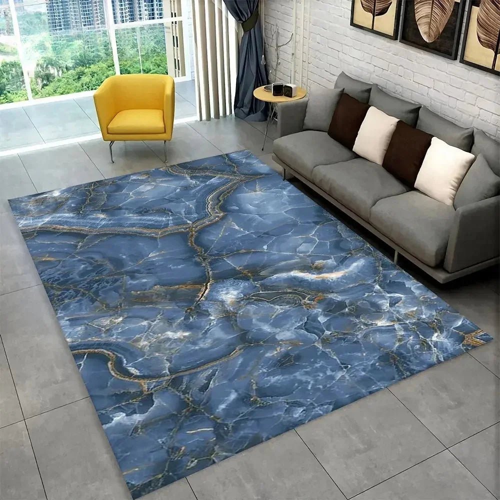 Sophisticated Nordic Blue and Gold Marble Floor Mat Geometric Carpet for Living Room or Bedroom Non - Slip Rug for Sofa Doormat - PatioLix