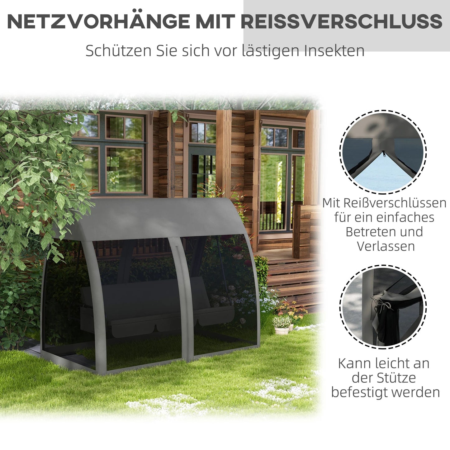 Three - seater Swing Swing Bed, with Curtained Canopy - Gray - PatioLix