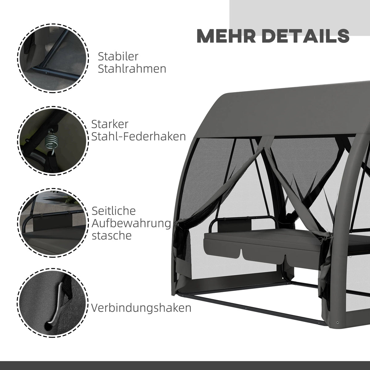 Three - seater Swing Swing Bed, with Curtained Canopy - Gray - PatioLix