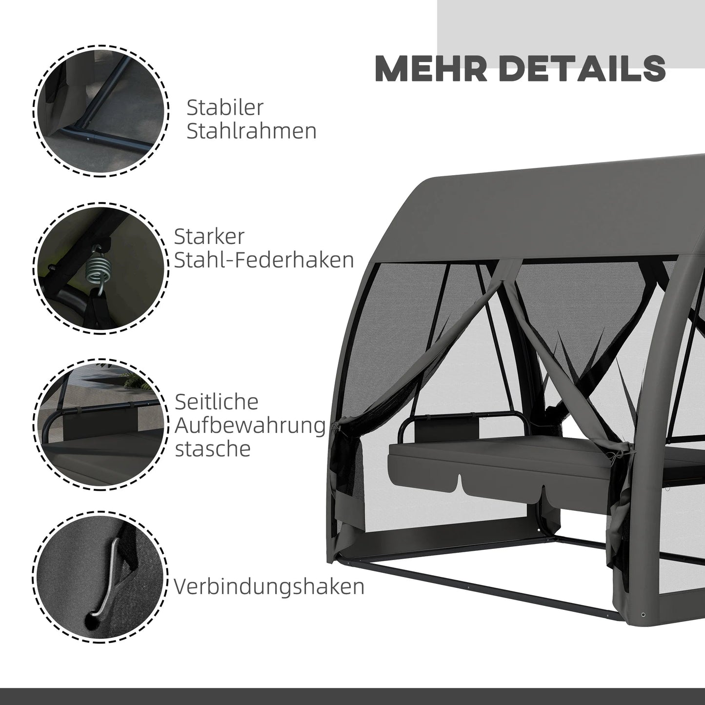 Three - seater Swing Swing Bed, with Curtained Canopy - Gray - PatioLix