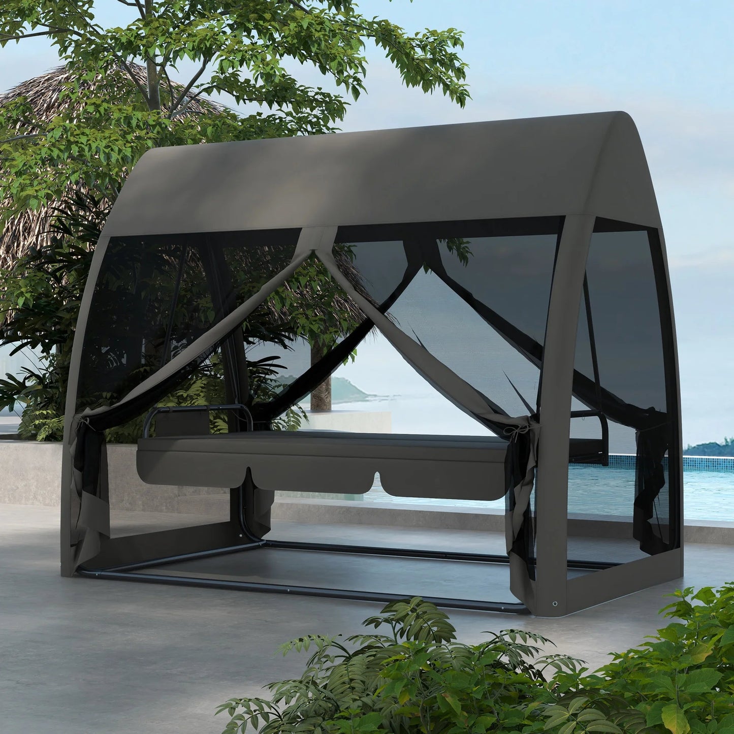 Three - seater Swing Swing Bed, with Curtained Canopy - Gray - PatioLix