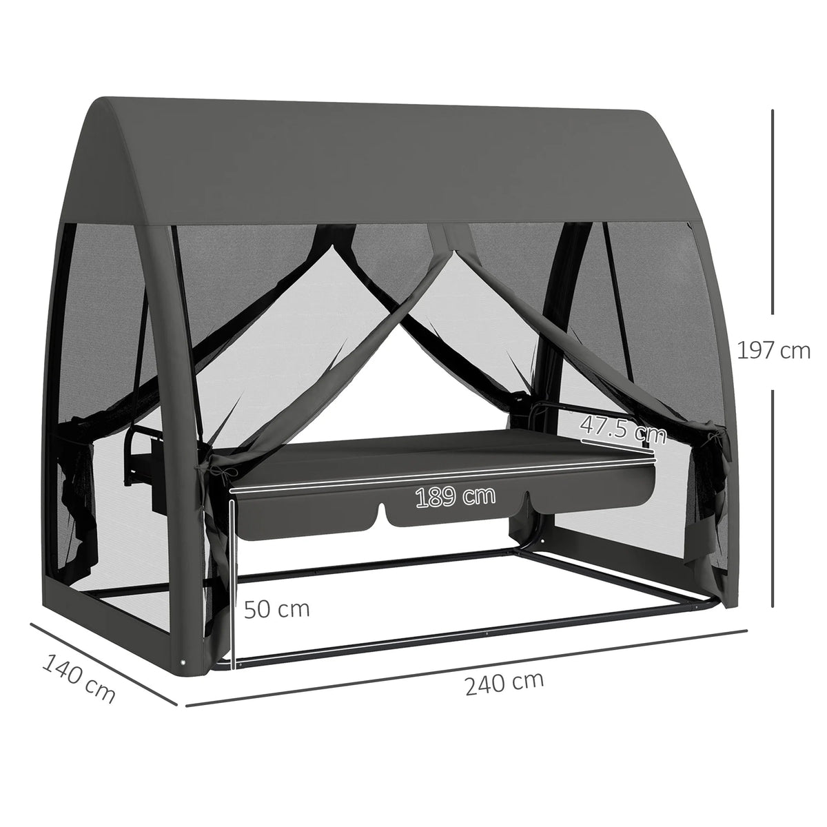 Three - seater Swing Swing Bed, with Curtained Canopy - Gray - PatioLix