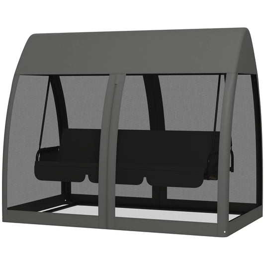Three - seater Swing Swing Bed, with Curtained Canopy - Gray - PatioLix