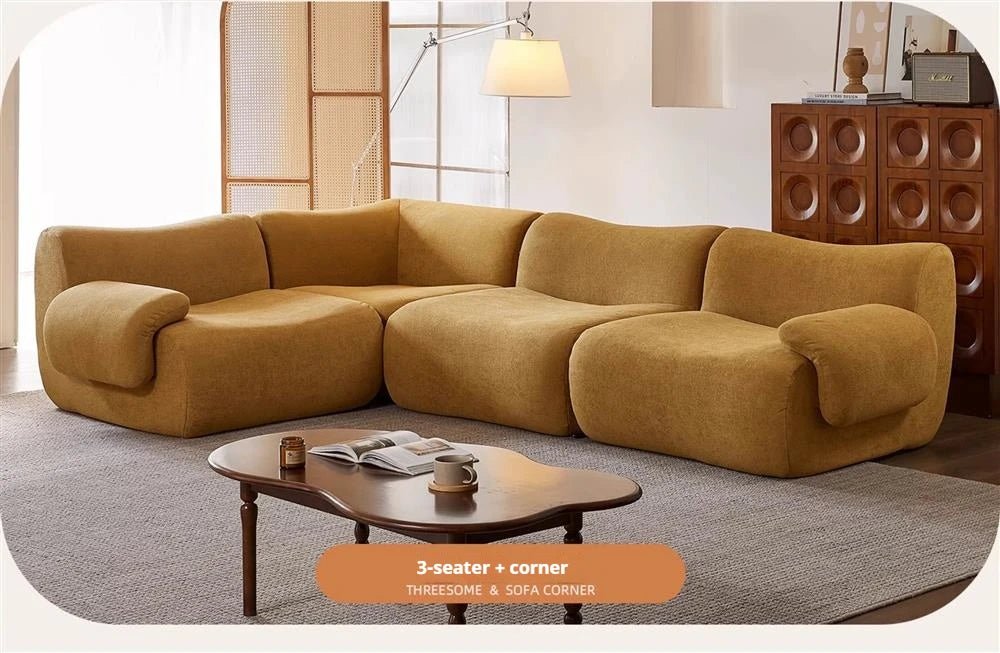 Vacuum - Compressed Modular Sofa, Wabi - Sabi Sherpa Fabric Sectional with High - Elastic Foam, Cream Mid - Century Style, Space Saving - PatioLix