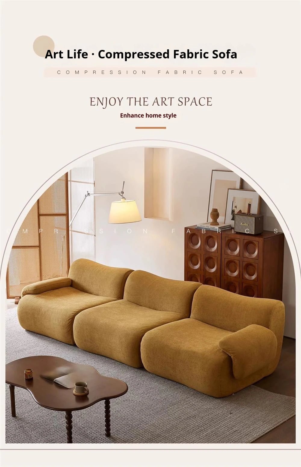 Vacuum - Compressed Modular Sofa, Wabi - Sabi Sherpa Fabric Sectional with High - Elastic Foam, Cream Mid - Century Style, Space Saving - PatioLix